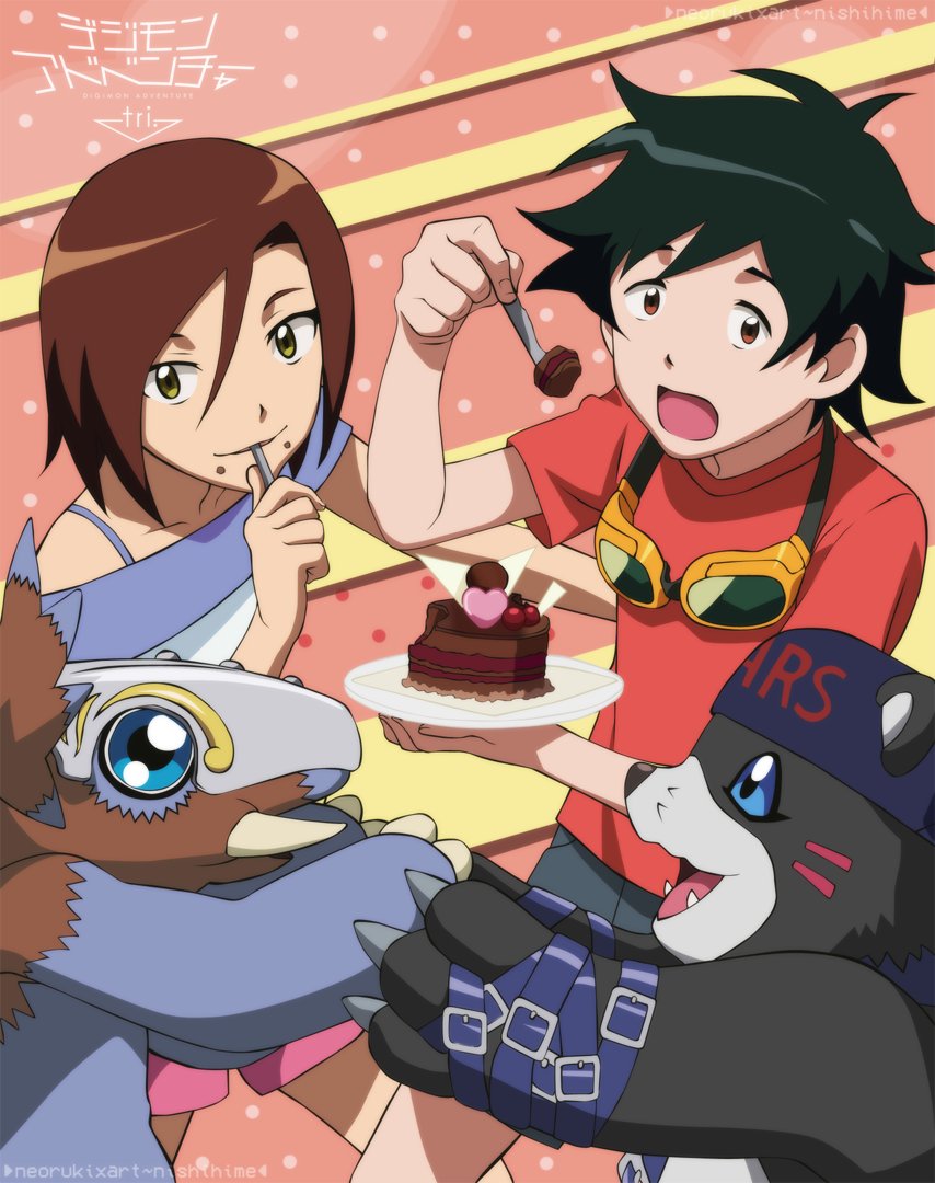bakumon bearmon belt cake digimon digimon_(creature) digimon_adventure_tri. fangs food hat himekawa_maki nishijima_daigo official_art tusks