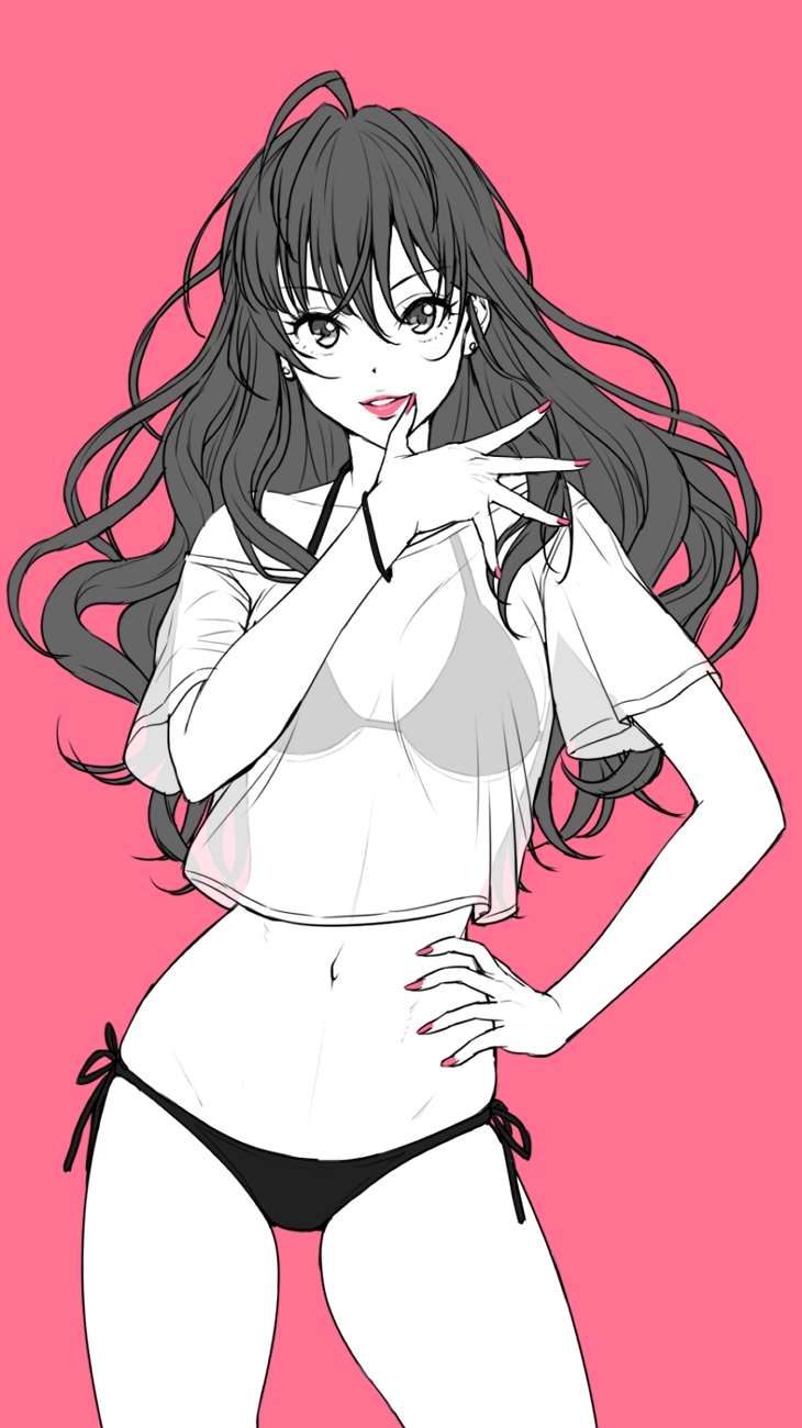 1girl ahoge bikini female_focus hand_on_own_hip highres ichinose_shiki idolmaster idolmaster_cinderella_girls lipstick long_hair looking_at_viewer makeup nail_polish navel nigou off-shoulder_shirt off_shoulder pink_background pink_lips pink_nails see-through_clothes shirt side-tie_bikini_bottom solo spot_color swimsuit