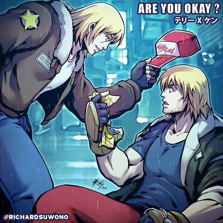 2boys bad_tag blonde_hair blue_eyes bomber_jacket capcom capcom_vs_snk commentary crossover english_commentary english_text facial_hair fatal_fury fingerless_gloves garou:_mark_of_the_wolves gloves hat holding holding_unworn_clothes holding_unworn_hat jacket ken_masters look-alike looking_at_another male_focus meme multiple_boys rain richard_suwono short_hair snk street_fighter street_fighter_6 stubble terry_bogard the_king_of_fighters the_king_of_fighters_xv trait_connection unworn_hat unworn_headwear