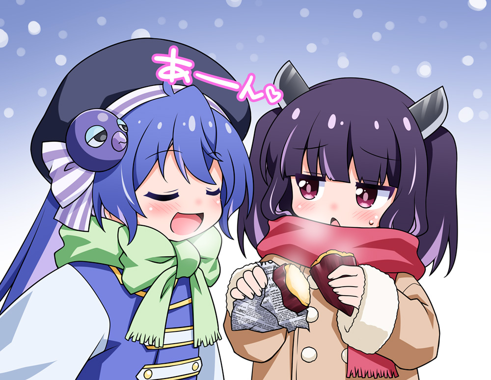 2girls :d akou_roushi blue_background blue_coat blue_hair blue_hat blush bow breath brown_coat closed_eyes coat commentary_request food fur-trimmed_sleeves fur_trim gradient_background green_scarf hat holding holding_food long_hair long_sleeves looking_at_another multiple_girls open_mouth otomachi_una purple_eyes purple_hair red_scarf roasted_sweet_potato scarf scarf_bow short_hair smile snowflakes sweatdrop sweet_potato touhoku_kiritan upper_body vocaloid voiceroid white_background winter