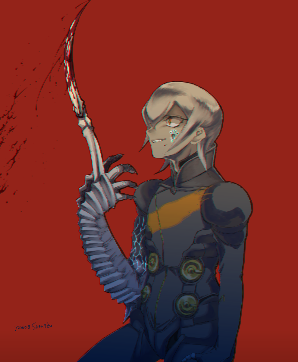 1boy blood digital_devil_saga grey_hair grin highres male_focus red_background serph shin_megami_tensei simple_background smile solo yellow_eyes
