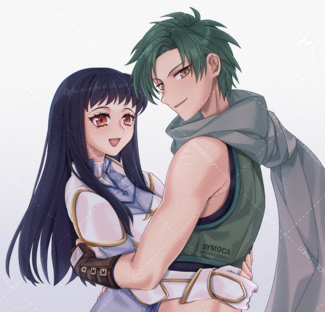 1boy 1girl :d armor astrid_(fire_emblem) black_hair breastplate commission commissioner_upload fire_emblem fire_emblem:_radiant_dawn green_hair green_vest grey_scarf hetero hug long_hair looking_at_viewer nintendo open_mouth orange_eyes scarf shirt sleeveless sleeveless_shirt smile sothe_(fire_emblem) symoca vest yellow_eyes