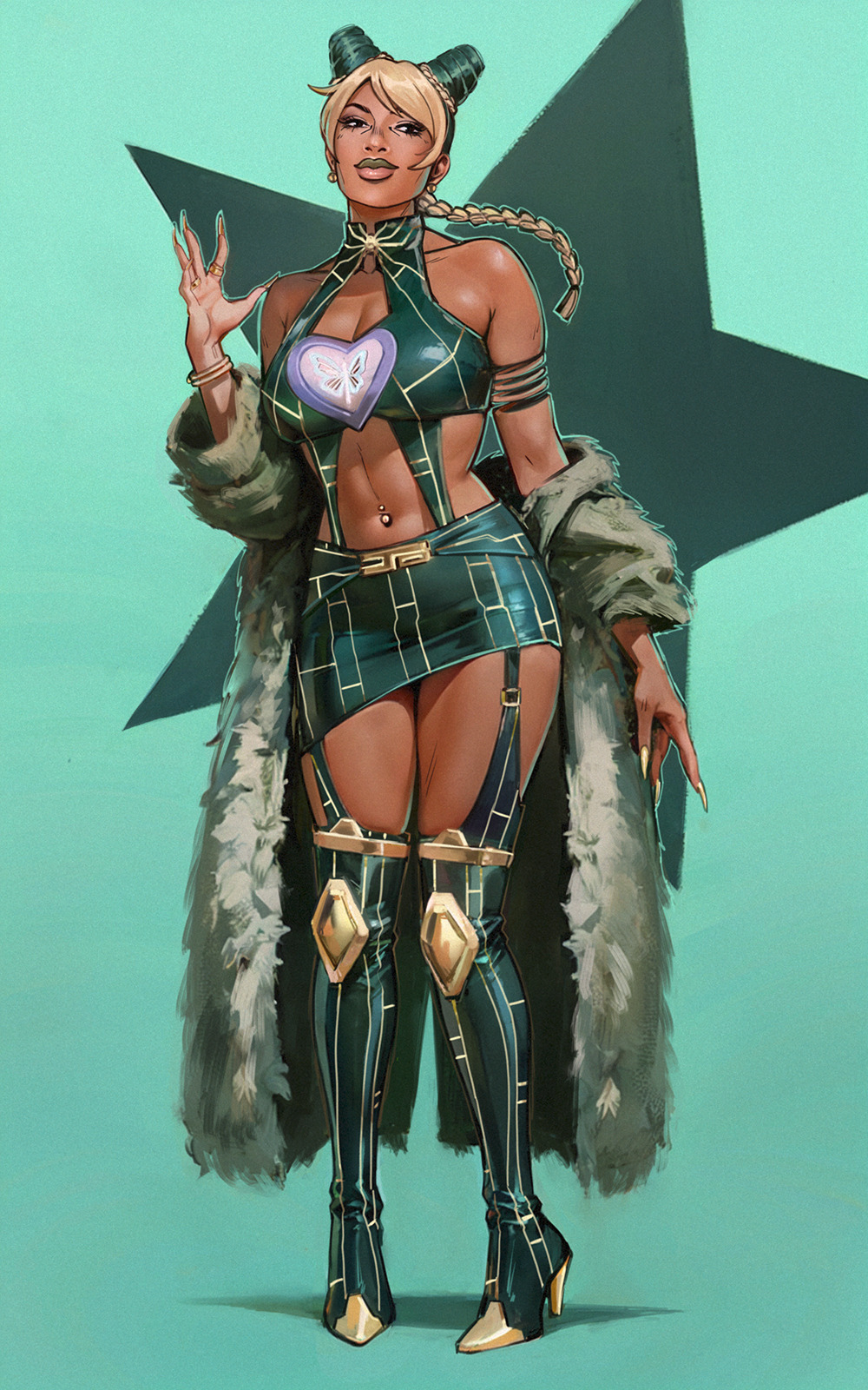 1girl adelheid_(moschiola) arm_strap blonde_hair boots bracelet braid braided_ponytail breasts cleavage cleavage_cutout clothing_cutout commentary cosplay dark-skinned_female dark_skin double_bun full_body green_hair green_skirt hair_bun halterneck high_heel_boots high_heels highres jewelry jojo_no_kimyou_na_bouken kujo_jolyne_(cosplay) kuujou_jolyne large_breasts long_finger megan_thee_stallion miniskirt multiple_rings navel_piercing piercing real_life ring skirt smile solo star_(symbol) star_symbol_background stone_ocean thigh_boots