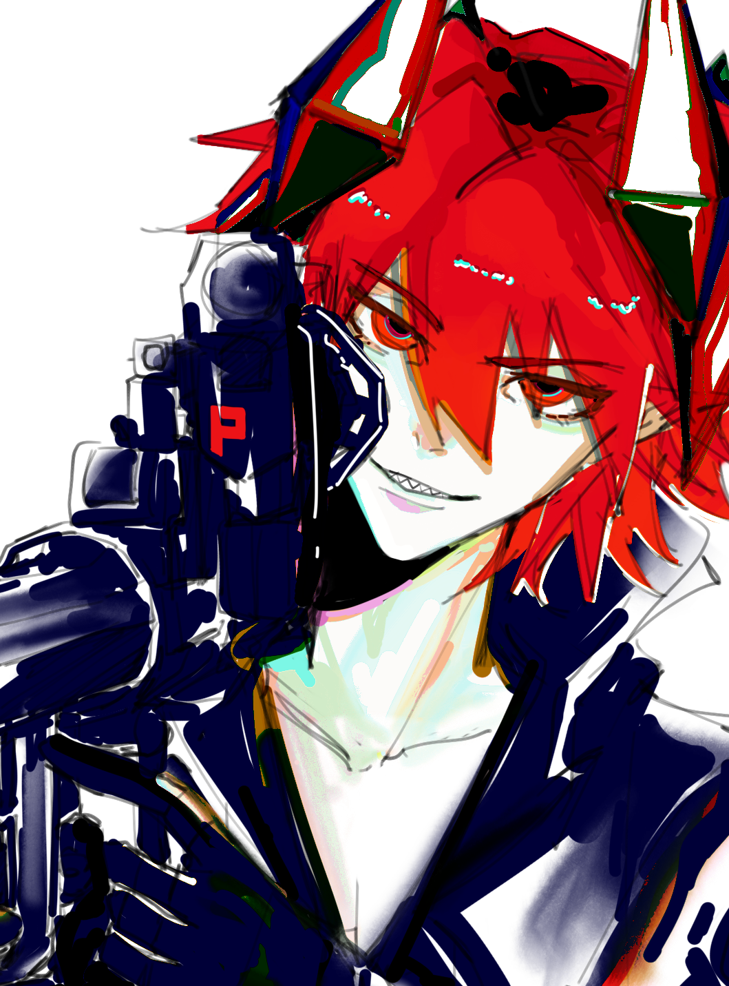 1boy aiming aiming_at_viewer aotu_world black_gloves chinese_commentary collarbone gloves grin gun hair_between_eyes handgun headgear highres holding holding_gun holding_weapon jacket looking_at_viewer male_focus pius_(aotu_world) pointy_ears red_eyes red_hair sharp_teeth short_hair simple_background sketch smile solo suiyuxiao teeth upper_body weapon white_background