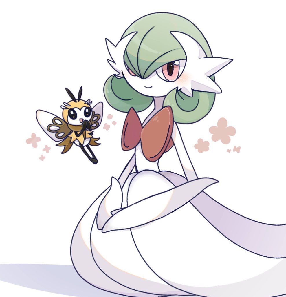 1girl 1other black_eyes blush bob_cut closed_mouth colored_skin dress elbow_gloves female_focus flat_chest floating full_body game_freak gardevoir gen_3_pokemon gen_7_pokemon gloves green_hair hair_over_one_eye hands_up happy long_dress looking_at_viewer mega_gardevoir mega_pokemon nintendo one_eye_covered own_hands_together pokemon pokemon_(creature) red_eyes ribombee short_hair sitting smile solo_focus suzu_(pixiv_32232702) white_dress white_gloves white_skin