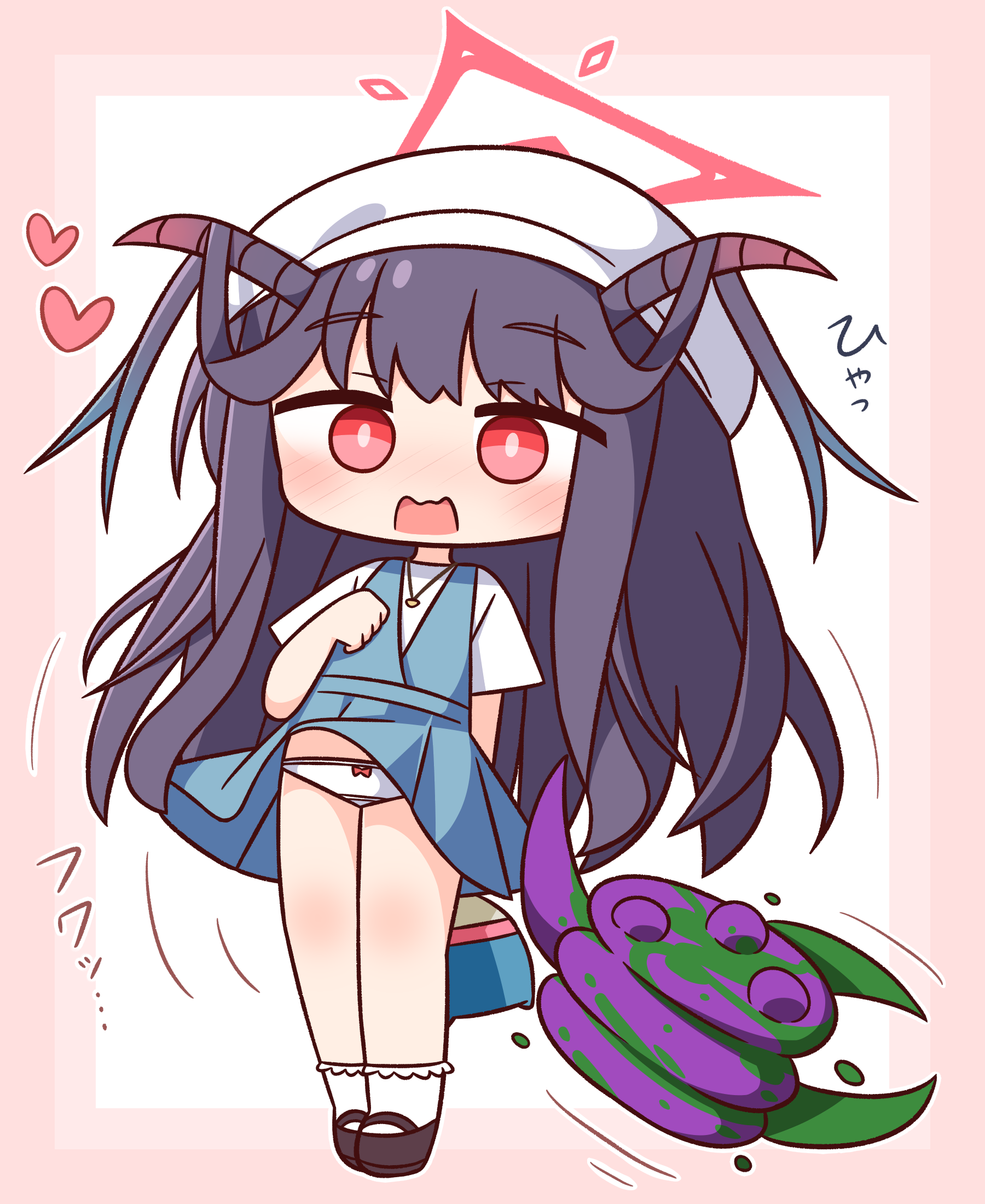 1girl bag beret black_hair black_shoes blue_archive blue_dress blush border bow bow_panties chibi clothes_lift dress dress_lift full_body fuuka_(blue_archive) fuuka_(casual)_(blue_archive) halo hana_kazari hand_up hat heart highres horns long_hair looking_at_viewer nose_blush open_mouth panties pink_border pleated_dress red_eyes shirt shoes short_sleeves sleeveless sleeveless_dress socks solo standing translation_request underwear very_long_hair wavy_mouth white_background white_hat white_panties white_shirt white_socks