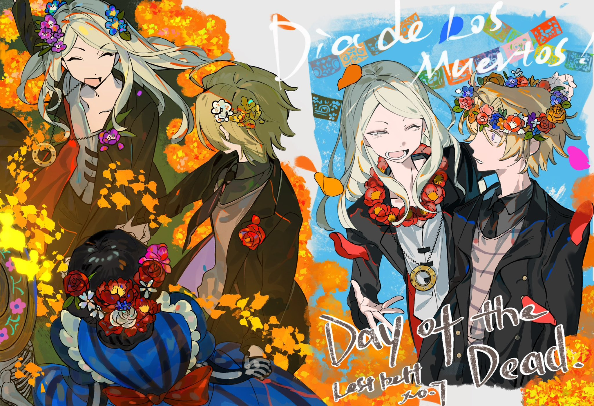 1girl 23hr55min 2boys black_coat black_pants blue_dress blue_eyes coat daybit_sem_void dia_de_muertos dress fate/grand_order fate_(series) highres long_hair marigold multiple_boys pants purple_eyes tezcatlipoca_(fate)