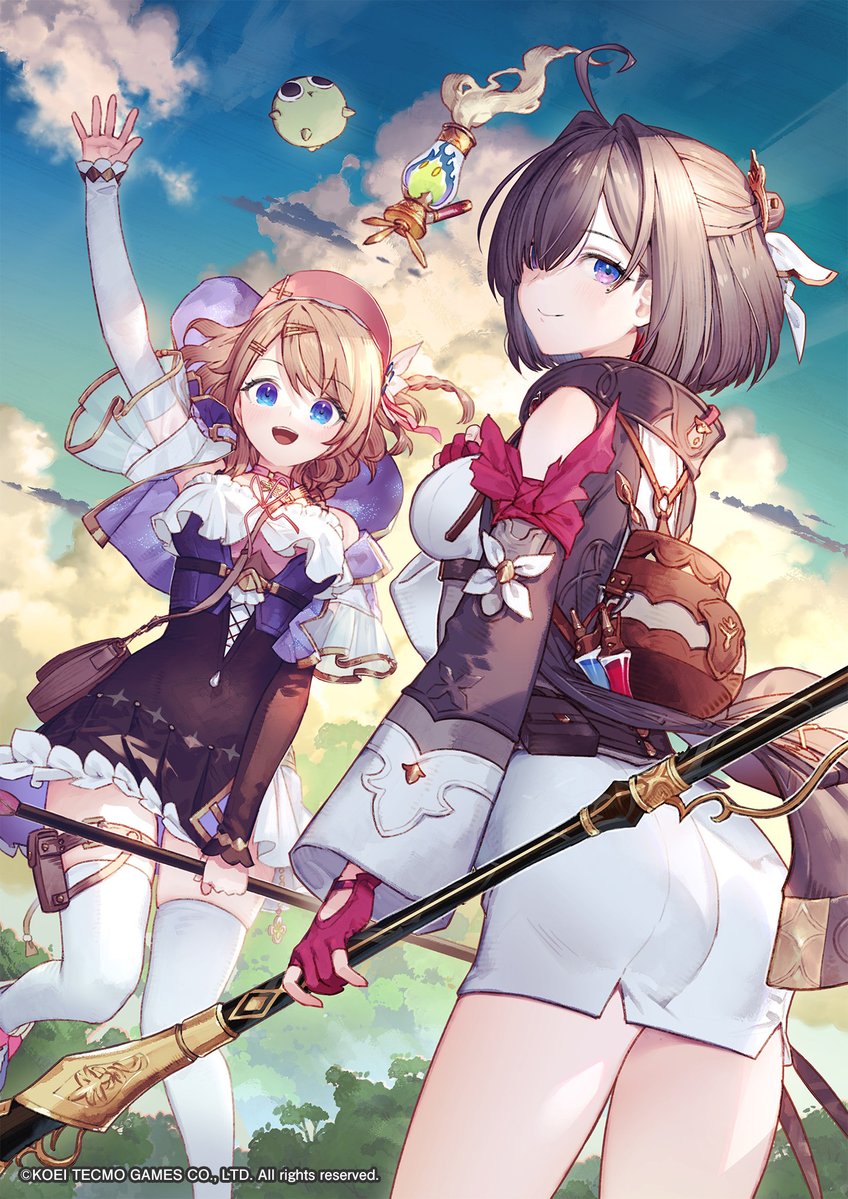 2girls ahoge arm_ribbon ass atelier_(series) atelier_resleriana atelier_yumia bare_shoulders black_hair blonde_hair blue_eyes braid breasts detached_sleeves dress gloves hair_between_eyes hair_over_one_eye jacket looking_at_viewer looking_back medium_breasts mole mole_under_eye multicolored_hair multiple_girls official_art partially_fingerless_gloves purple_eyes red_gloves red_hair resna_sternenlicht ribbon short_hair smile thighs tight_clothes tight_dress umiu_geso yumia_liessfeldt