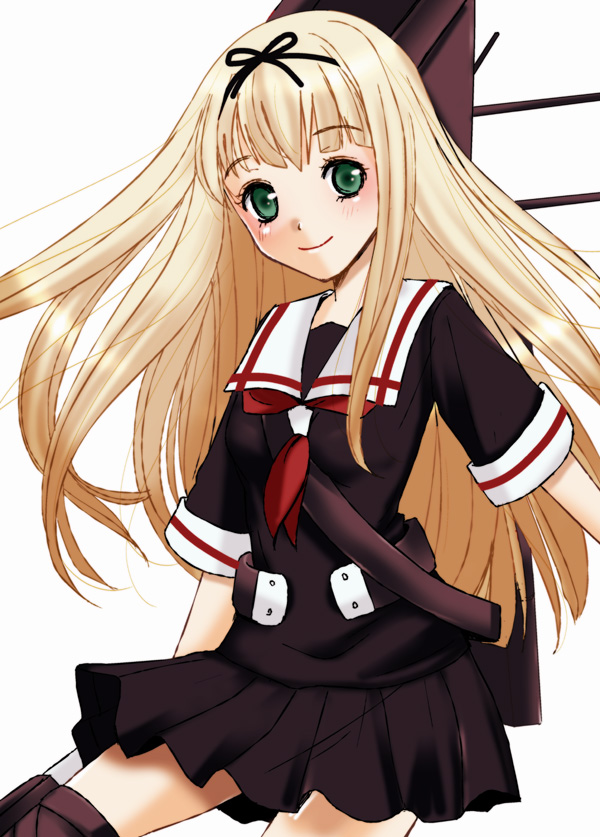 10s 1girl blonde_hair bow female_focus green_eyes hair_bow hair_ornament hair_ribbon inumori_sayaka kantai_collection long_hair looking_at_viewer personification red_eyes ribbon school_uniform serafuku short_sleeves simple_background smile solo white_background yuudachi_(kancolle)