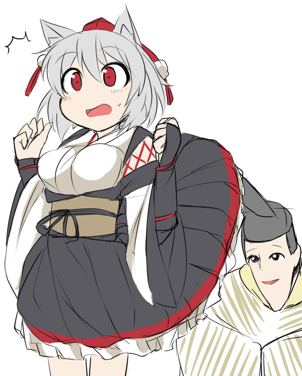 10s 1boy 1girl :d ^^^ blush breasts bridal_gauntlets clenched_hands clothes_lift cross-laced_clothes crossover d: embarrassed flat_color frills fun_bo hat inubashiri_momiji japanese_clothes kaguya-hime_no_monogatari kourindou_tengu_costume large_breasts long_sleeves mikado_(kaguya-hime_no_monogatari) no_nose obi open_mouth peeking pleated_skirt pointy_chin pom_pom_(clothes) red_eyes sash short_hair silver_hair simple_background sketch skirt skirt_lift sleeves_past_wrists smile solo_focus standing surprised surprised_arms sweatdrop tassel tate_eboshi tokin_hat touhou white_background wide_sleeves