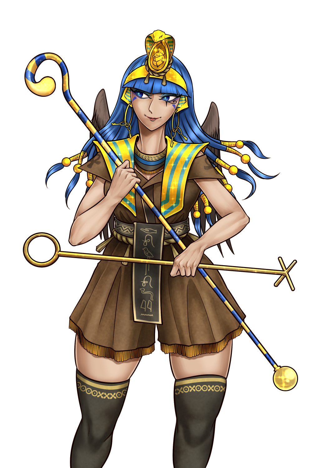 1girl black_thighhighs blue_eyes blue_eyeshadow blue_hair blunt_bangs brown_shirt brown_shorts commentary_request earrings eye_of_horus eyeshadow facial_tattoo feet_out_of_frame fossilized_wonders gold_hairband hairband headpiece highres holding holding_staff jewelry key_earrings long_hair looking_afar looking_to_the_side makeup michigami_nareko ryuuichi_(f_dragon) shirt short_sleeves shorts simple_background solo staff tattoo thighhighs touhou usekh_collar variant_set white_background