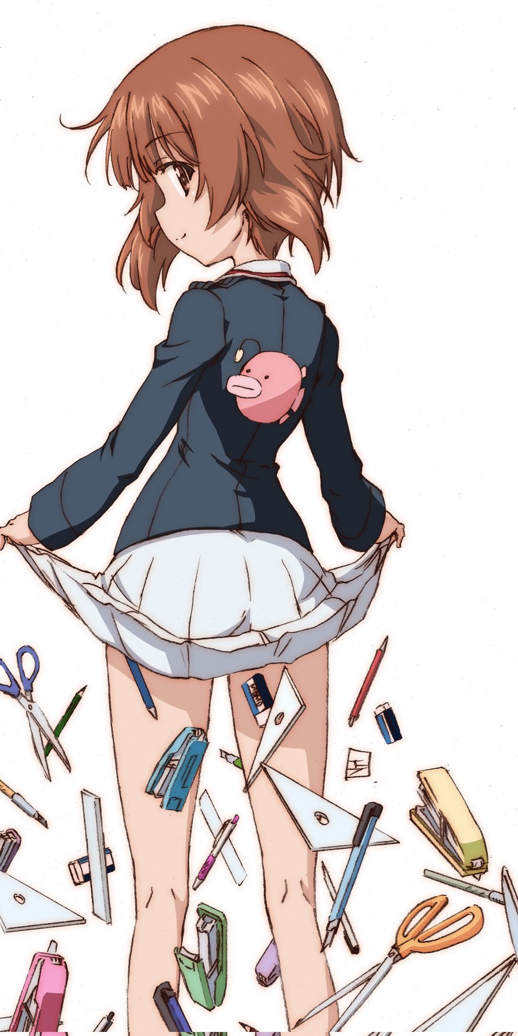 1girl anglerfish bakemonogatari blue_jacket brown_eyes brown_hair clothes_lift corrupted_twitter_file erakin eraser fish from_behind girls_und_panzer highres jacket lifting_own_clothes long_sleeves looking_at_viewer looking_back military military_uniform monogatari_(series) nishizumi_miho ooarai_military_uniform parody pen pencil pleated_skirt ruler scissors senjougahara_pose set_square shirt short_hair skirt skirt_lift solo standing stapler white_skirt