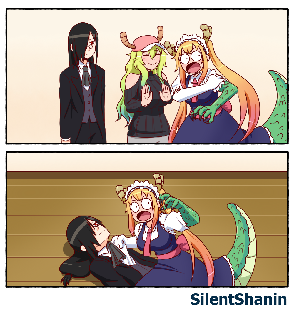 1boy 2girls artist_name black_hair black_jacket black_pants black_sweater blonde_hair blue_dress claws closed_eyes closed_mouth clothes_grab commentary dragon_girl dress elbow_gloves english_commentary expressionless fafnir_(maidragon) gloves green_hair imminent_hit jacket kobayashi-san_chi_no_maidragon long_hair lucoa_(maidragon) lying meme multiple_girls nervous_smile nervous_sweating on_back open_mouth pants ruby_says_fuck_(meme) shirt_grab silent-shanin sleeve_pull smile standing sweat sweatdrop sweater tohru_(maidragon) white_gloves wooden_floor