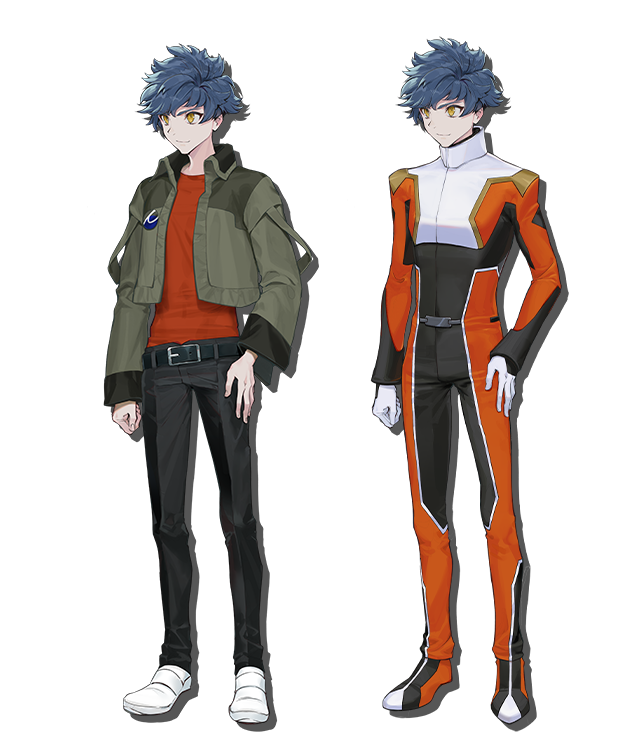 1boy artist_request black_pants blue_hair clenched_hand green_jacket gundam gundam_seed gundam_seed_eclipse hand_on_own_hip jacket looking_to_the_side male_focus mecha_pilot_suit normal_suit_(gundam) official_art orange_eyes orange_shirt pants pilot_suit shirt shirt_tucked_in smile tatsumi_hori transparent_background variations white_footwear