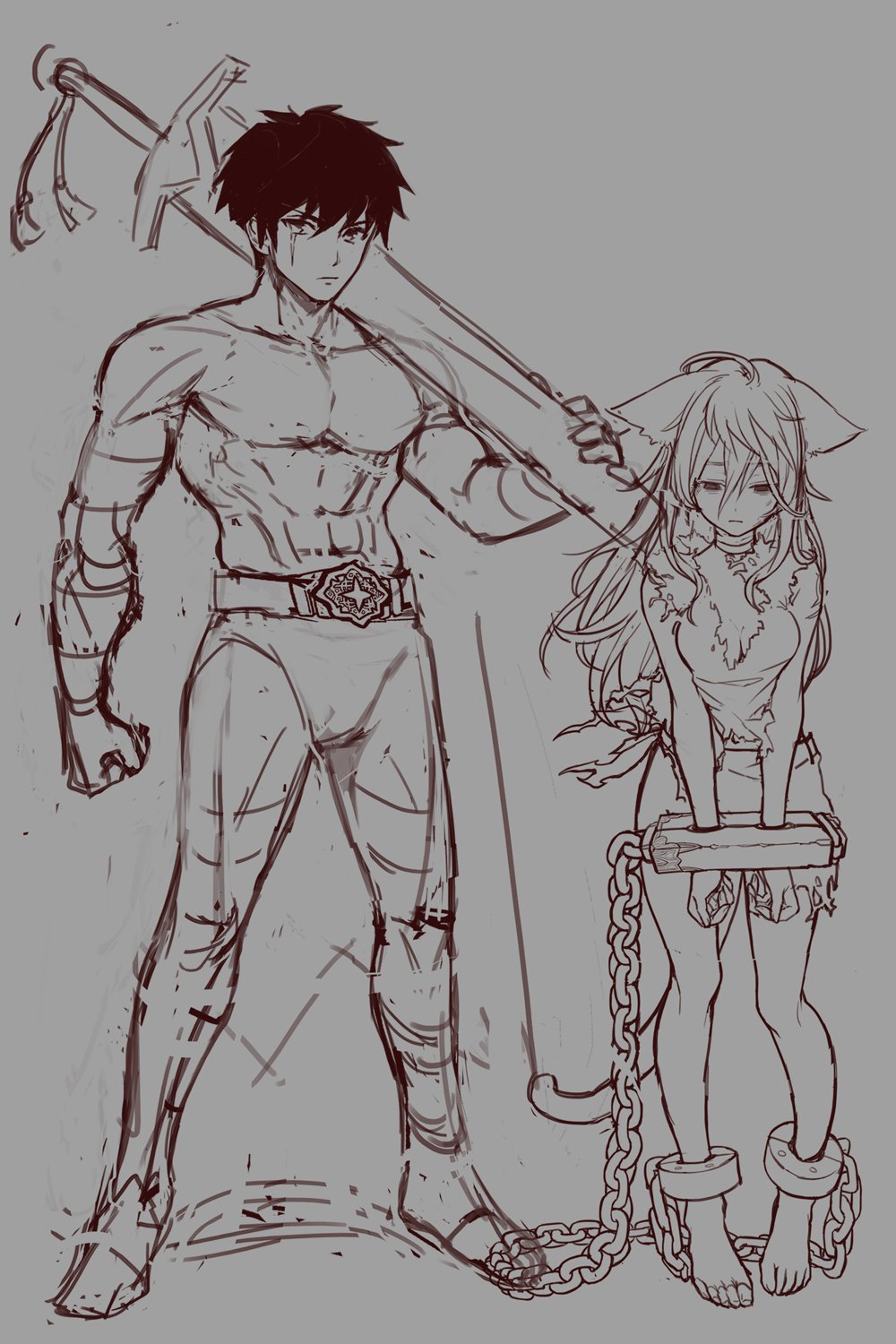 1boy 1girl bound_ankles chain highres mimitoke tagme
