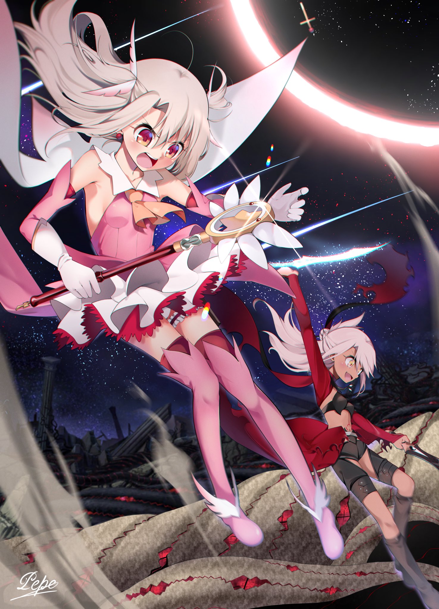 2girls armor ascot bare_shoulders black_panties blush boots breastplate breasts bridal_gauntlets cape chloe_von_einzbern chloe_von_einzbern_(archer_install) dark-skinned_female dark_skin demon_pillar_(fate) dress earrings elbow_gloves fate/grand_order fate/kaleid_liner_prisma_illya fate_(series) feather_hair_ornament feathers gloves hair_bun hair_ornament hairpin half_updo highres illyasviel_von_einzbern jewelry kaleidostick kanshou_&_bakuya_(fate) knee_boots layered_gloves long_hair long_sleeves magical_ruby multiple_girls night night_sky open_mouth orange_eyes panties pei_iriya pink_boots pink_dress pink_gloves pink_hair prisma_illya red_cape red_eyes showgirl_skirt shrug_(clothing) sidelocks skirt sky small_breasts smile stomach_tattoo sword tattoo thigh_boots two_side_up underwear wand weapon white_cape white_gloves white_hair white_skirt