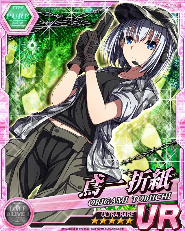 1girl bad_source black_tank_top blue_eyes breasts card_(medium) date_a_live earpiece expressionless gun hat holding holding_gun holding_weapon jacket military_uniform official_alternate_costume official_art open_clothes open_jacket pants short_hair short_sleeves small_breasts solo tank_top third-party_source tobiichi_origami weapon white_hair