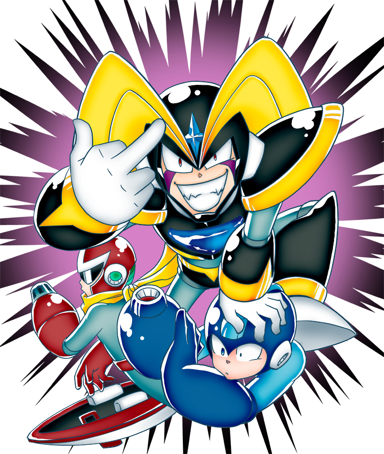 3boys android arm_cannon armor assault_visor b_no_hito ballistic_shield bass_(mega_man) belt black_armor black_helmet blue_armor blue_bodysuit blue_eyes blue_helmet bodysuit brothers chest_jewel clenched_teeth closed_mouth evil_grin evil_smile facial_mark forehead_jewel grin hand_on_another&#039;s_head helmet holding holding_weapon jewelry looking_at_viewer mega_man_(character) mega_man_(classic) mega_man_(series) mega_man_10 middle_finger multiple_boys proto_man red_armor red_belt red_bodysuit red_eyes red_helmet robot robot_ears scarf shield shoulder_armor siblings simple_background smile standing sunglasses teeth weapon yellow_scarf