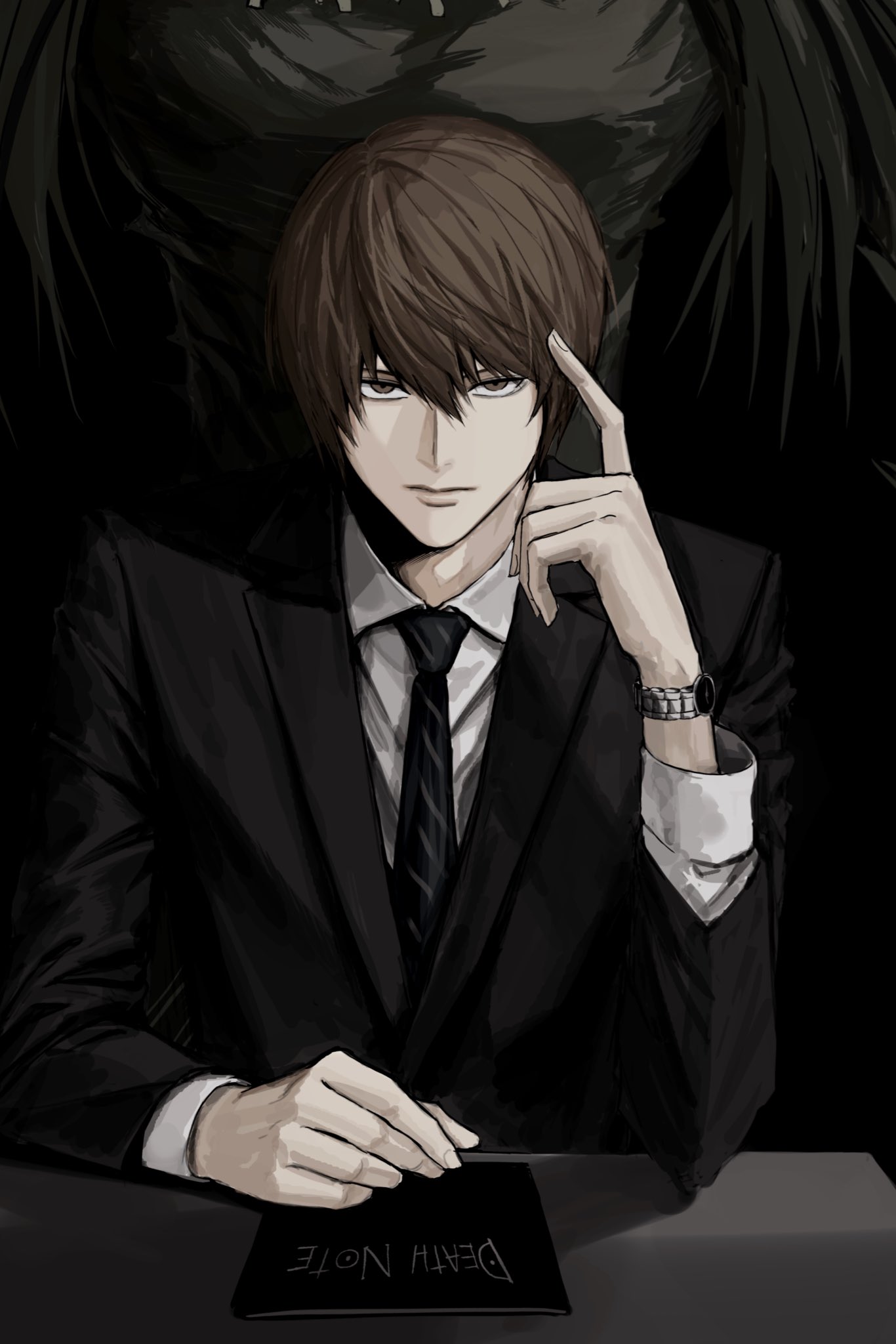 2boys black_jacket black_necktie brown_eyes brown_hair closed_mouth collared_jacket collared_shirt dark death_note death_note_(object) expressionless finger_to_head formal_clothes hair_between_eyes hand_on_table hand_up highres index_finger_raised jacket looking_at_viewer male_focus multiple_boys necktie ryuk shirt short_hair sitting solo_focus sso_s straight-on straight_hair tsurime upper_body white_shirt yagami_light