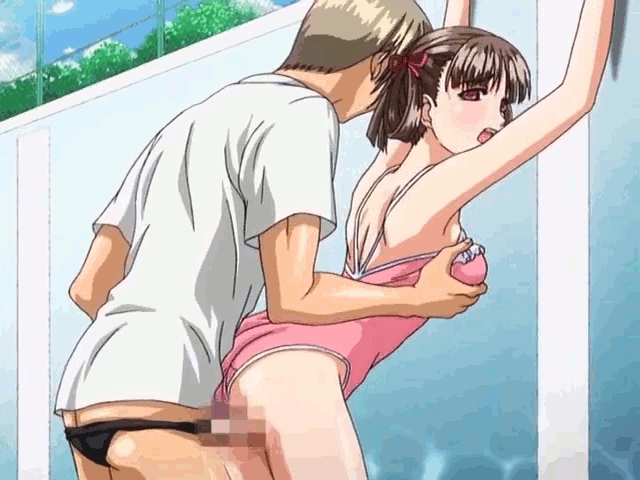 00s 1boy 1girl animated animated_gif arms_up bent_over casual_one-piece_swimsuit censored clothing_aside grabbing_another's_breast grabbing_from_behind groping hair_ribbon hairdressing hetero looking_back one-piece_swimsuit penis pink_one-piece_swimsuit pool ribbon sex sora_no_iro_mizu_no_iro sorayama_natsume swimsuit swimsuit_aside twintails vaginal