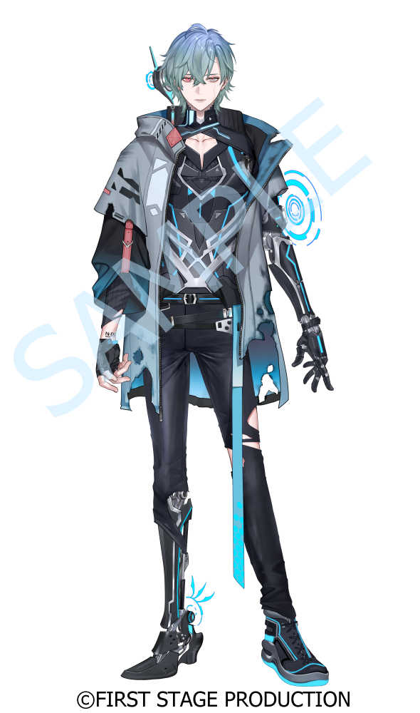 1boy above_cleavage_cutout aqua_hair arms_at_sides black_gloves black_pants black_shirt black_shoes blue_jacket blue_ribbon burnt_clothes closed_mouth collarbone copyright_notice cyberpunk cyborg expressionless facial_mark fingerless_gloves first_stage_production floating_headgear full_body gloves grey_eyes grey_jacket hair_between_eyes headgear heterochromia hologram ishizue_kachiru jacket jitome layered_sleeves long_sleeves looking_at_viewer male_focus mechanical_arms mechanical_legs mismatched_pupils multicolored_jacket nix_voltare official_art open_clothes open_jacket pants red_eyes red_pupils ribbon sample_watermark shirt shoes short-sleeved_jacket short_hair short_over_long_sleeves short_sleeves single_glove single_mechanical_arm single_mechanical_leg single_shoe sneakers solo standing straight-on torn_clothes torn_pants two-tone_jacket virtual_youtuber watermark wrist_tattoo zipper