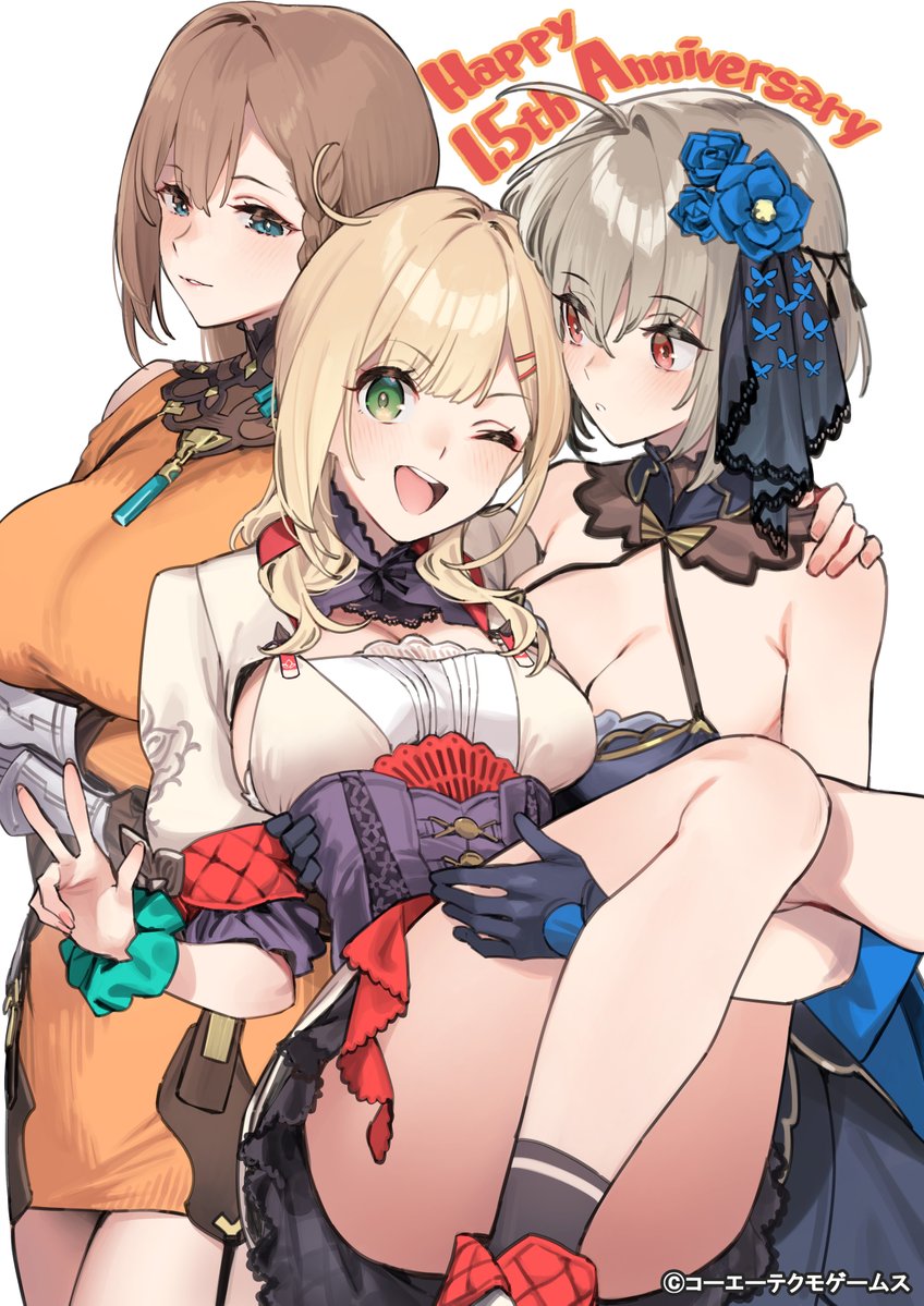 3girls 92m ahoge alvina_zimlock atelier_(series) atelier_resleriana bare_shoulders bepp_zimlock blonde_hair blue_eyes braid breasts brown_hair carrying carrying_person cleavage commentary_request copyright_notice cropped_jacket dress flower gloves green_eyes green_scrunchie grey_hair hair_flower hair_ornament hairclip happy_anniversary janne_lindemann large_breasts long_hair multiple_girls official_art one_eye_closed open_mouth orange_dress parallel_hairclips parted_lips red_eyes scrunchie short_hair thighs w white_background wrist_scrunchie
