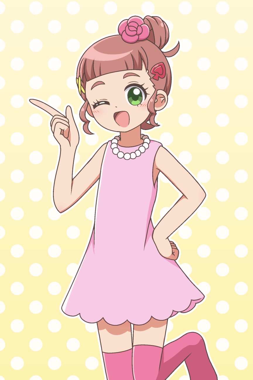 1girl ;d bandai bead_necklace beads blush broadcaster_connection brown_hair chouno_hikari cocotama_(series) commentary company_connection cosplay cowboy_shot dot_nose dress flower gradient_background green_eyes hair_bun hair_flower hair_ornament hand_on_own_hip hand_up highres index_finger_raised jewelry kamisama_minarai:_himitsu_no_cocotama kato-shun leg_up miraitchi miraitchi_(cosplay) necklace no_shoes one_eye_closed open_mouth pink_dress pink_flower pink_rose pink_thighhighs polka_dot polka_dot_background rose short_dress short_hair single_hair_bun sleeveless sleeveless_dress smile solo spade_hair_ornament tamagotchi tamagotchi!_(anime) tamagotchi!_miracle_friends thighhighs tv_tokyo x_hair_ornament yellow_background