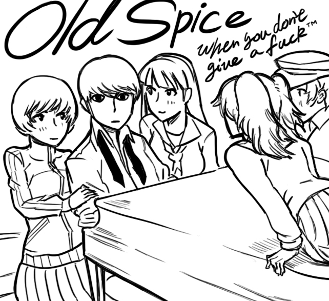 1boy 4girls amagi_yukiko atlus bad_id bb_(baalbuddy) blush newsboy_cap drawfag english_text girl_sandwich grand_piano greyscale harem hat inactive_account instrument jacket kujikawa_rise long_hair monochrome multiple_girls narukami_yu old_spice persona persona_4 piano pimp profanity sandwiched satonaka_chie school_uniform shirogane_naoto shirt short_hair track_jacket twintails