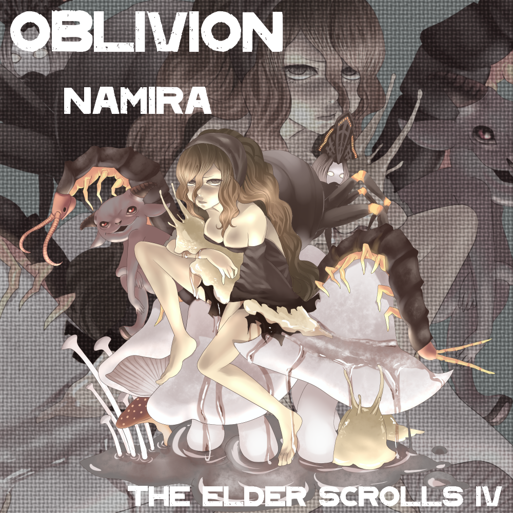1girl bad_id bad_pixiv_id barefoot breasts brown_eyes brown_hair bug centipede cleavage daedra daedric_prince goat grin horns long_hair ma_ko mushroom namira ponytail single_horn slug smile the_elder_scrolls the_elder_scrolls_iv:_oblivion
