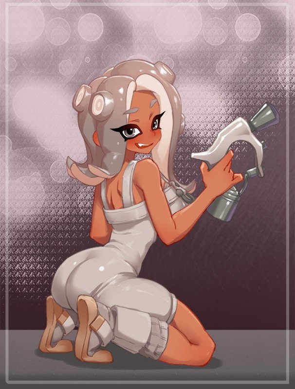 1girl agent_8_(splatoon) bare_arms bare_shoulders bodysuit eyelashes full_body grey_hair holding holding_weapon kneeling little123blood looking_at_viewer looking_back multicolored_hair nintendo order_dualies_(splatoon) shoes short_eyebrows simple_background smirk solo splatoon_(series) splatoon_3 splatoon_3:_side_order strap suction_cups tan teeth tentacle_hair thick_eyebrows two-tone_hair upper_teeth_only weapon white_bodysuit white_shoes