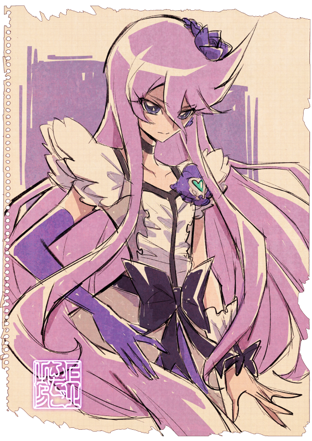 1girl artist_logo black_choker bow brooch choker collarbone cure_moonlight dress dress_bow elbow_gloves eyelashes flower frilled_dress frills gloves hair_flower hair_ornament heart heart_brooch heartcatch_precure! jewelry kamikita_futago logo long_hair looking_to_the_side magical_girl precure purple_bow purple_dress purple_eyes purple_gloves purple_hair single_elbow_glove single_wrist_cuff solo standing tsukikage_yuri v-shaped_eyebrows very_long_hair wrist_cuffs