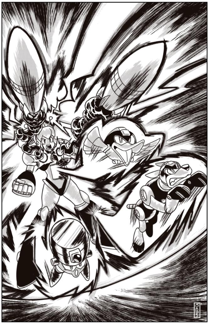 antennae armor armored_boots armored_gloves battle beat_(mega_man) bikini_armor boots breasts clenched_hand clenched_hands eddie_(mega_man) fighting firing hair_ribbon hairband headphones hyper_roll_(marvel_vs._capcom) ink joints jumping knee_boots large_breasts light_rays long_hair marvel_vs._capcom mechanical_arms mechanical_boots mechanical_legs mega_man_(classic) mega_man_(series) open_mouth ponytail radio_antenna ribbon robot robot_girl robot_joints rocket rocket_launcher roll_(mega_man) rush_(mega_man) ryan_jampole shoulder_armor sidelocks weapon