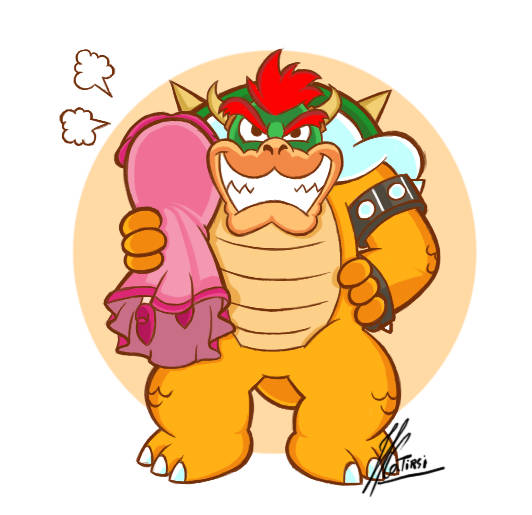 1boy 1girl ass bowser carrying_over_shoulder dress evil_grin evil_smile grin hand_on_own_hip high_heels looking_at_viewer mario_(series) nintendo over-the-shoulder pink_dress princess_peach red_eyes red_hair smile spikes super_mario_bros._1 tail