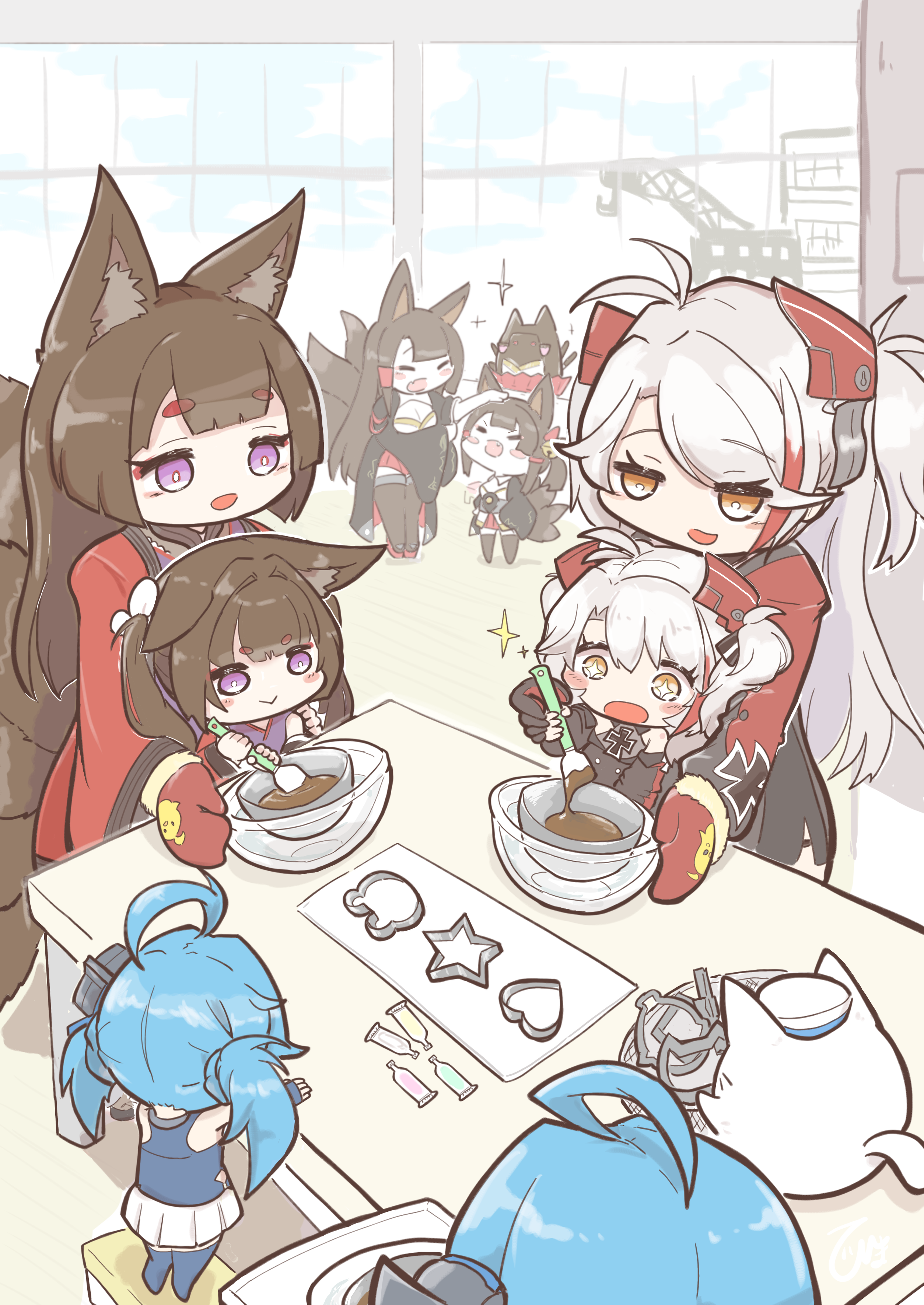 +_+ 6+girls :d :o absurdres ahoge akagi-chan_(azur_lane) akagi_(azur_lane) amagi-chan_(azur_lane) amagi_(azur_lane) animal_ear_fluff animal_ears antenna_hair azur_lane bare_shoulders bell black_gloves black_kimono black_thighhighs blue_hair blue_thighhighs blunt_bangs blush blush_stickers bowl breasts brown_hair brown_tail chocolate chocolate_making cleavage closed_eyes closed_mouth commentary_request cross day dress fang fingerless_gloves fox_ears fox_girl fox_tail gloves hair_bell hair_between_eyes hair_ornament helena_(azur_lane) highres himajin_(fd_jin) holding holding_bowl indoors iron_cross japanese_clothes kimono large_breasts lena_(azur_lane) little_prinz_eugen_(azur_lane) long_hair long_sleeves manjuu_(azur_lane) meowfficer_(azur_lane) mittens mixing_bowl multicolored_hair multiple_girls multiple_tails off_shoulder open_mouth orange_eyes petting prinz_eugen_(azur_lane) purple_eyes purple_kimono red_hair red_skirt rudder_footwear shadow short_hair sidelocks skirt smile sparkle spatula standing stirring streaked_hair swept_bangs table tail thick_eyebrows thighhighs twintails two-tone_hair two_side_up white_hair white_kimono white_skirt wide_sleeves