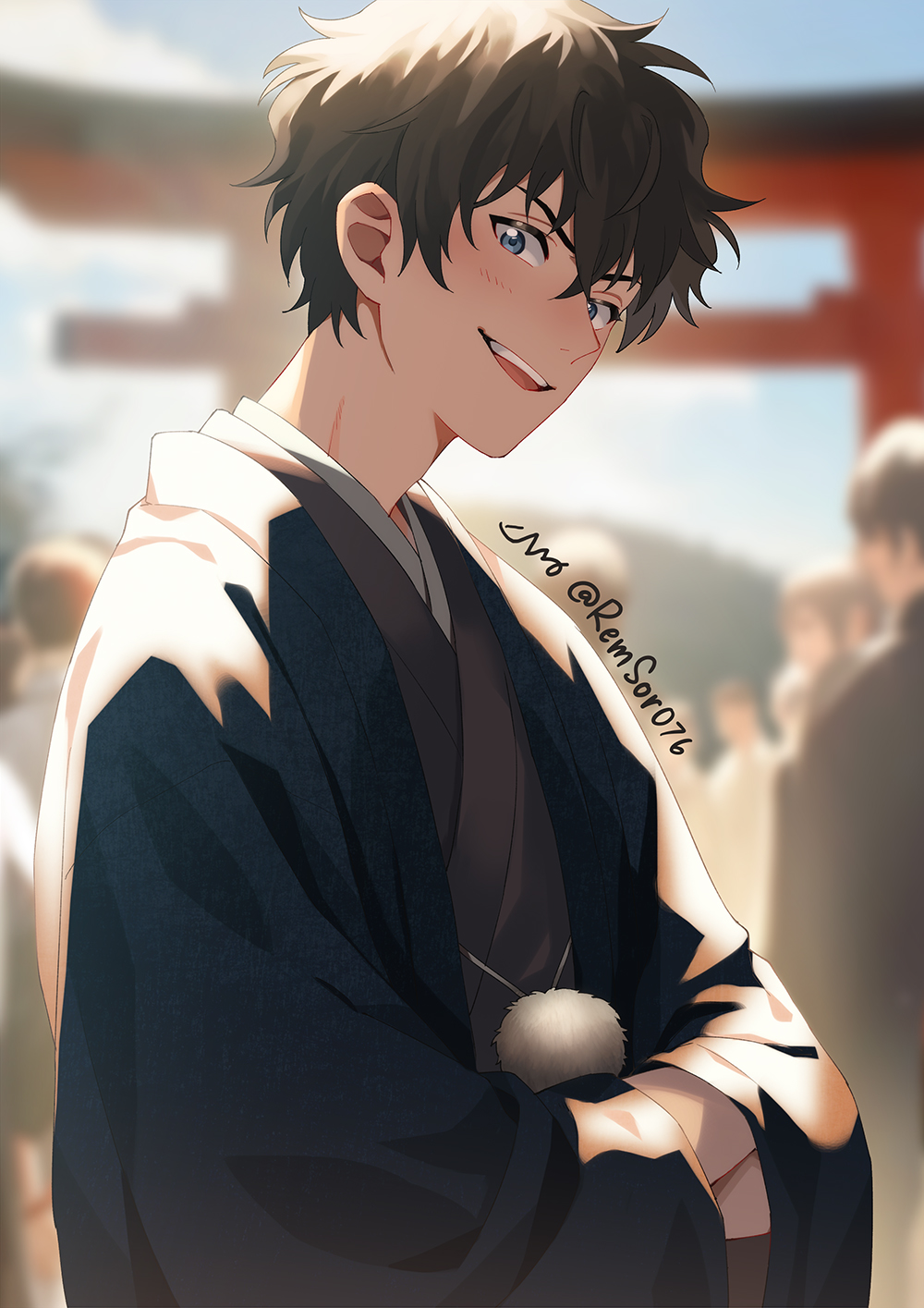 1boy black_hair blue_eyes blue_haori blurry blurry_background crossed_arms crowd grey_kimono haori haori_himo highres japanese_clothes kimono looking_at_viewer male_focus matsuda_jinpei meitantei_conan open_mouth remsor076 solo torii twitter_username