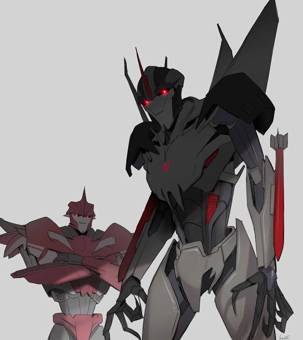 2boys arm_cannon decepticon knockout_(transformers) looking_at_viewer mecha mecha_focus multiple_boys no_humans red_eyes robot science_fiction smile starscream sun_stark transformers transformers_prime weapon wings