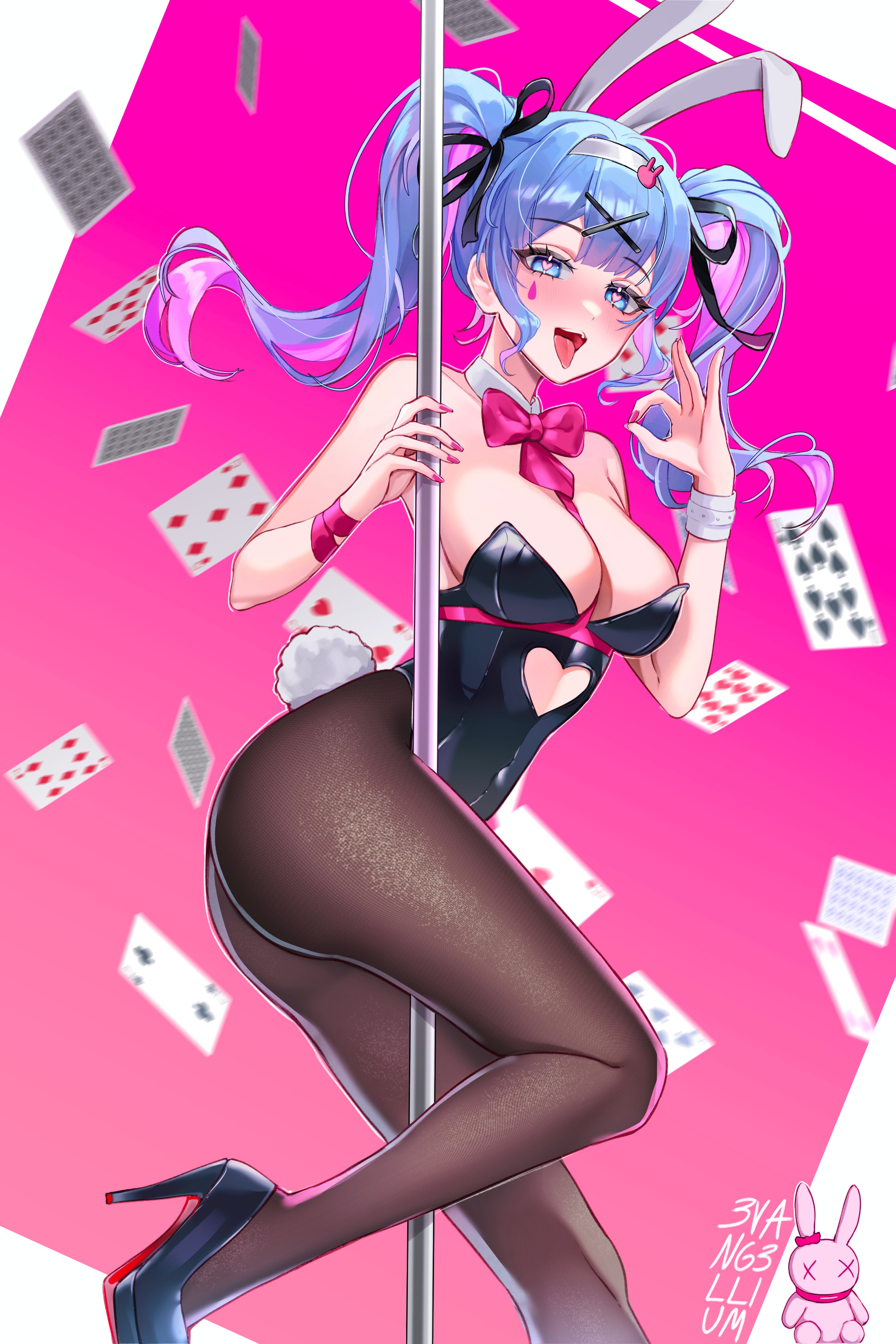 1girl absurdres ace_(playing_card) ace_of_hearts adapted_costume animal_ears artist_name bare_arms bare_shoulders black_leotard black_pantyhose black_ribbon black_shoes blue_eyes blue_hair blunt_bangs blurry blurry_background blush bow bowtie breasts card cleavage clothing_cutout commentary cutout_above_navel detached_collar evangellium fake_animal_ears fake_tail fellatio_gesture fingernails five_of_diamonds hair_ornament hair_ribbon hairband hatsune_miku heart heart-shaped_pupils heart_cutout high_heels highres large_breasts leotard long_fingernails long_hair looking_at_viewer multicolored_hair nail_polish necktie nine_of_diamonds open_mouth pantyhose patent_heels pink_bow pink_bowtie pink_hair pink_nails pink_necktie pink_pupils pink_ribbon playboy_bunny playing_card pole pole_dancing pumps rabbit_ears rabbit_hair_ornament rabbit_hole_(vocaloid) rabbit_tail red_soles ribbon seven_of_diamonds shoes solo stiletto_heels streaked_hair stripper_pole stuffed_toy symbol-shaped_pupils tail teardrop_facial_mark teeth ten_of_hearts ten_of_spades tongue tongue_out twintails two-tone_hair two_of_clubs two_of_hearts upper_teeth_only vocaloid white_hairband x_hair_ornament