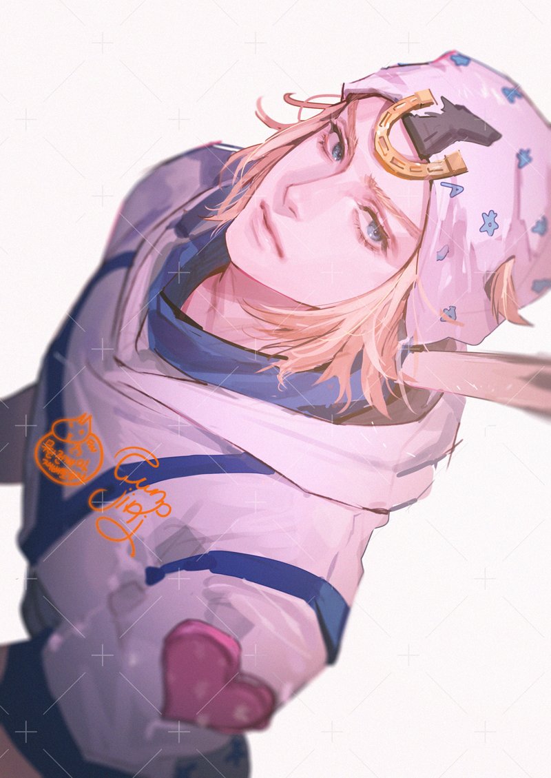 1boy blonde_hair blue_eyes closed_mouth commentary_request dutch_angle eyelashes funpjinju hat heart hood hood_down hooded_shirt horseshoe_ornament johnny_joestar jojo_no_kimyou_na_bouken korean_commentary lips looking_to_the_side male_focus shirt short_sleeves simple_background solo steel_ball_run upper_body watermark white_background white_hat white_shirt