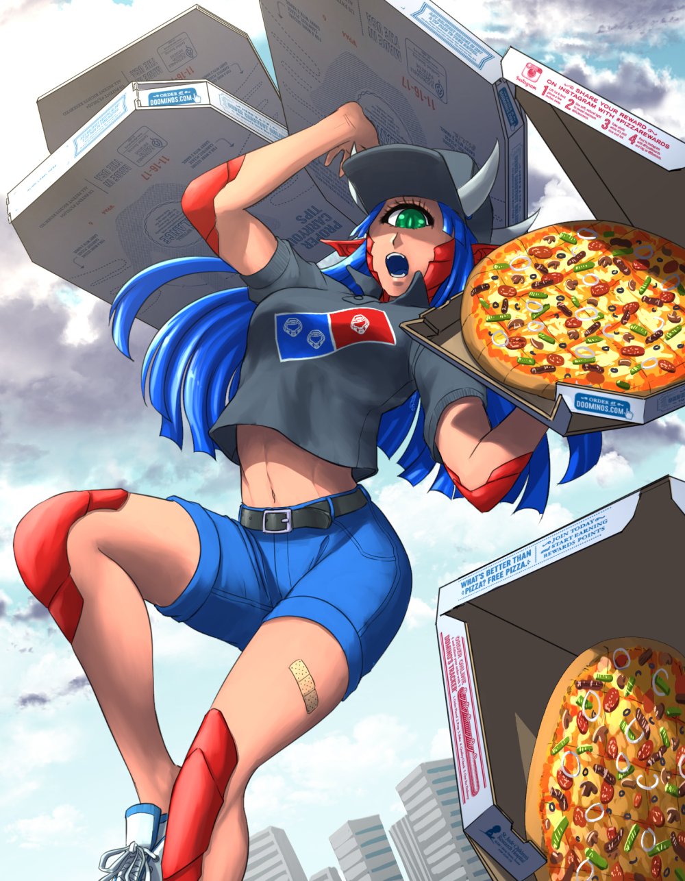 cacodemon delivery doom_(series) food green_eyes hat highres holding holding_food holding_pizza horns mono-eye pizza pizza_box pizza_delivery scales substance20