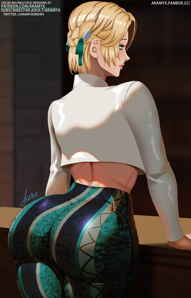 1girl alternate_costume aramyx ass ass_focus blonde_hair fire_emblem fire_emblem:_three_houses forbidden_pants from_behind green_eyes half_updo highres huge_ass ingrid_brandl_galatea meme_attire nintendo pants parted_lips short_hair smile solo tight_clothes tight_pants