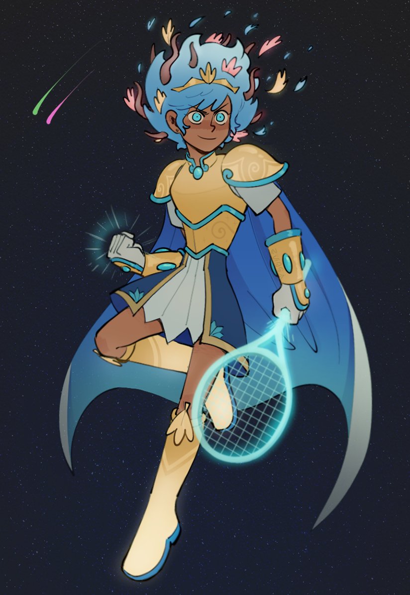 1girl amphibia anne_boonchuy anne_boonchuy_(calamity_form) armor blue_eyes blue_hair breastplate byubiyubi cape clenched_hand dark-skinned_female dark_skin full_body gloves leaf leaf_on_head looking_afar racket shooting_star skirt smile solo star_(sky) tennis_racket