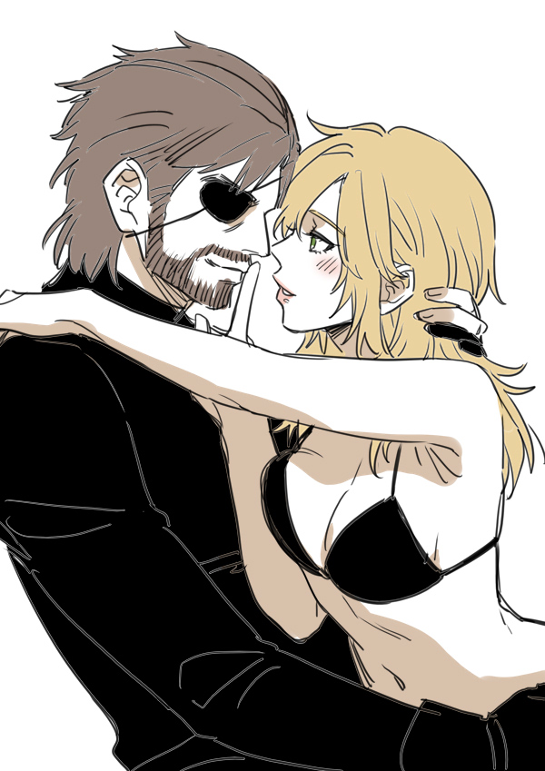 1boy 1girl big_boss black_bra blonde_hair bra breasts brown_hair eva_(metal_gear) eyepatch facial_hair hetero long_hair metal_gear_(series) metal_gear_solid_3:_snake_eater noriuma underwear