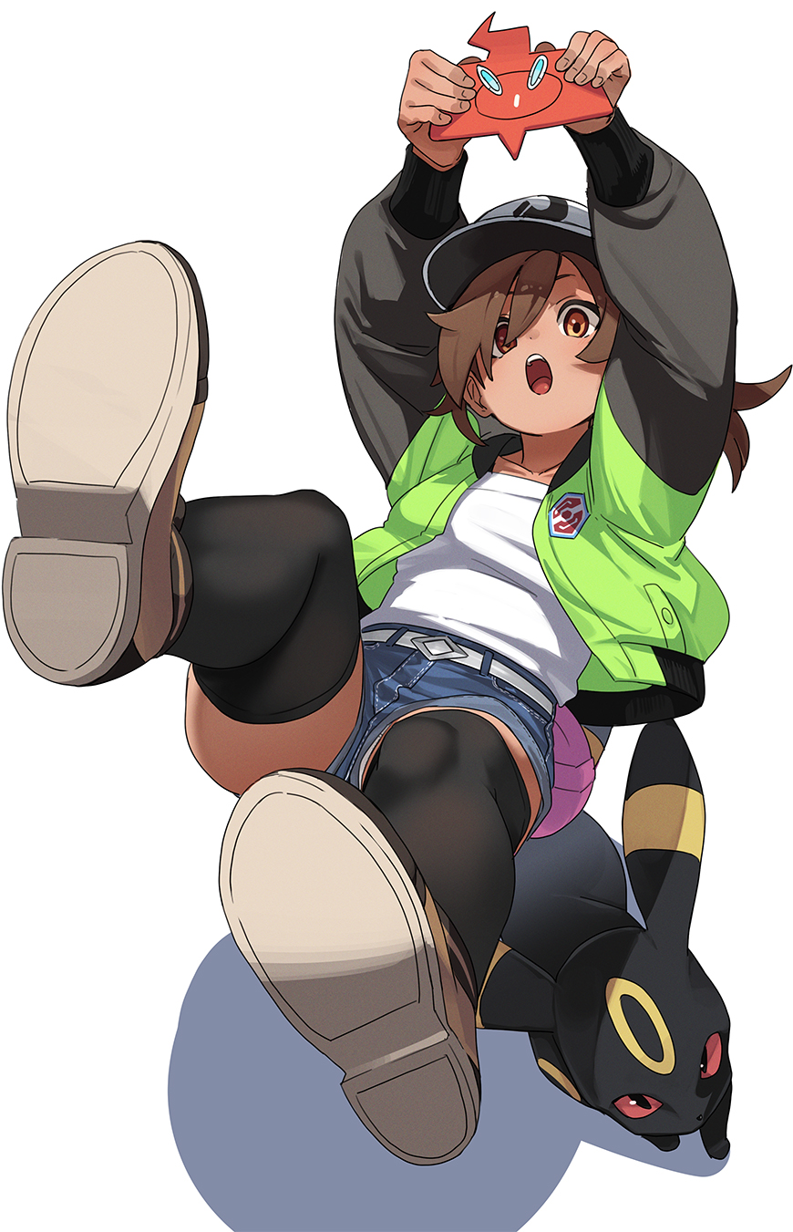 1girl baseball_cap bettie_(pokemon) black_thighhighs blue_shorts brown_eyes brown_hair denim denim_shorts fu-ta gen_2_pokemon gen_4_pokemon green_jacket hat highres jacket nintendo open_mouth panties panty_peek pokemon pokemon_(creature) pokemon_legends:_z-a rotom rotom_phone shirt shoes short_shorts shorts simple_background solo thighhighs umbreon underwear white_background white_shirt