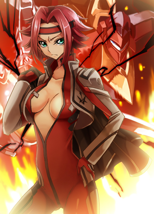 1girl bad_id bad_pixiv_id blue_eyes bodysuit breasts code_geass collarbone cropped_jacket fire frown gloves guren_(code_geass) guren_mk-ii hand_on_own_hip headband jacket jacket_over_shoulder kouzuki_kallen looking_at_viewer mecha no_bra order_of_the_black_knights_uniform pilot_suit pink_hair red_gloves robot shida_(xwheel) short_hair unworn_jacket unzipped