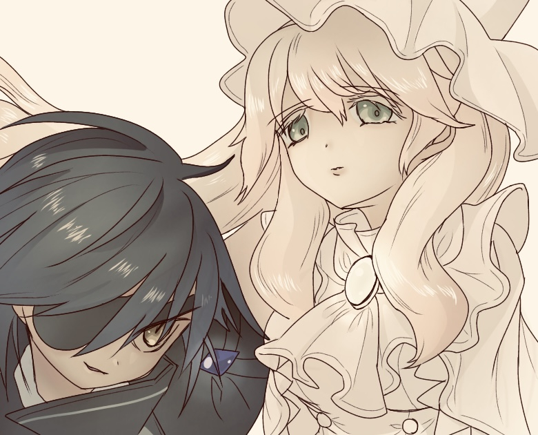 2girls black_hair blonde_hair eyepatch green_eyes kure_kirika long_hair magical_girl mahou_shoujo_madoka_magica mahou_shoujo_oriko_magica mikuni_oriko multiple_girls orange_eyes user_kmyx5247 white_hair