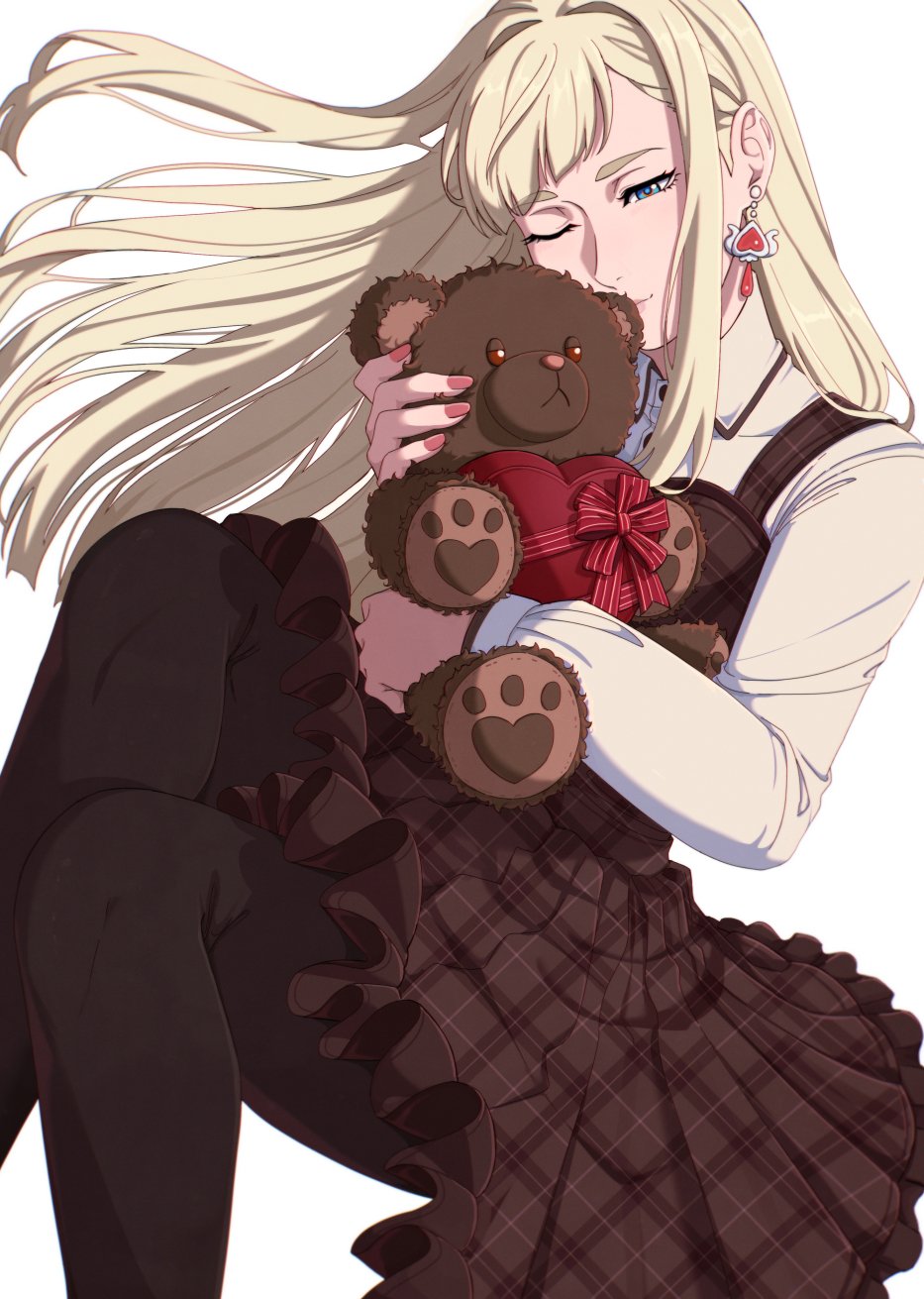 1girl alternate_costume blonde_hair blue_eyes brown_dress brown_pantyhose closed_mouth collared_shirt dress earrings enelous frilled_dress frills gigi_andalusia gundam gundam_hathaway&#039;s_flash highres holding holding_stuffed_toy hugging_object jewelry knees_up long_hair long_sleeves one_eye_closed pantyhose pinafore_dress shirt simple_background sleeveless sleeveless_dress smile solo stuffed_animal stuffed_toy teddy_bear white_background white_shirt wing_collar