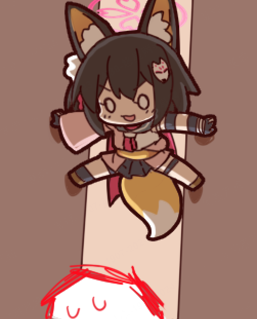 1boy 1girl :d animal_ear_fluff animal_ears black_gloves black_sailor_collar black_skirt blank_eyes blue_archive chibi chibi_only commentary doodle_sensei_(blue_archive) fox_ears fox_girl fox_hair_ornament fox_tail full_body gloves hair_between_eyes hair_ornament halo izuna_(blue_archive) looking_at_another looking_down miniskirt neckerchief needle_(574187457) ninja o_o open_mouth outstretched_arms partially_fingerless_gloves pink_halo pink_neckerchief pleated_skirt pom_pom_(clothes) pom_pom_hair_ornament sailor_collar school_uniform sensei_(blue_archive) serafuku shirt simple_background skirt smile smug solo_focus sweatdrop tail thigh_strap v-shaped_eyebrows white_shirt