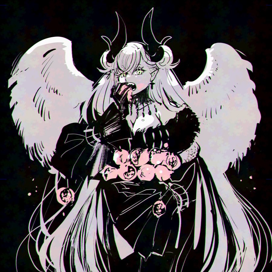 1girl apple black_panties breasts commentary demon_girl demon_horns demon_wings english_commentary fate/grand_order fate_(series) food fruit green_eyes grey_hair grey_wings horns large_breasts lilith_(fate) lilith_(third_ascension)_(fate) long_hair nobicco panties sitting skeletal_hand snake solo underwear wings