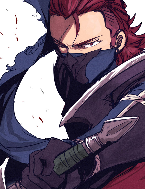 1boy fire_emblem fire_emblem_fates jinnai_yuuichi male_focus mask mouth_mask ninja ninja_mask nintendo one_eye_closed red_eyes red_hair saizo_(fire_emblem) scar scar_across_eye scar_on_face scarf