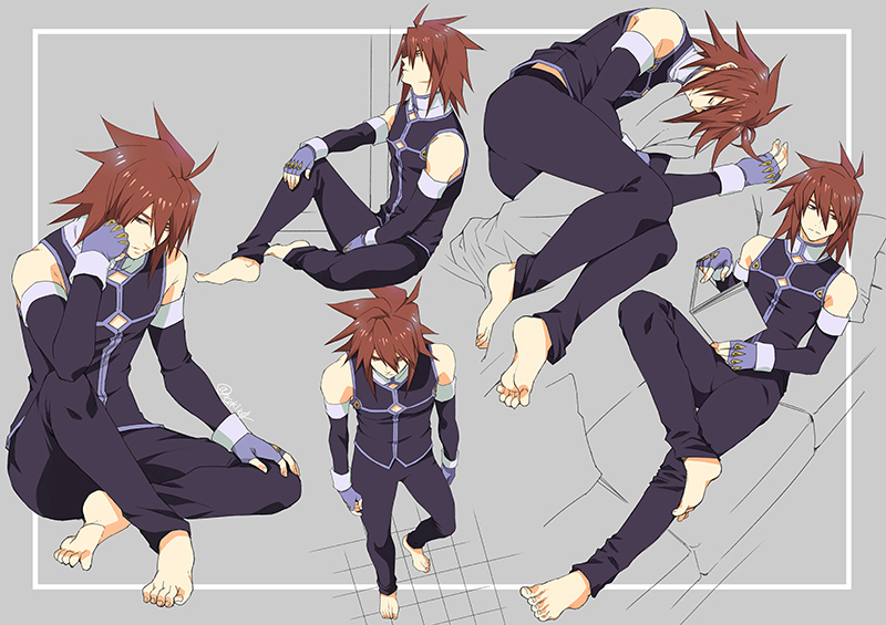 barefoot brown_eyes brown_hair feet fingerless_gloves gloves kratos_aurion male_focus on_ground pants purple_gloves purple_pants purple_shirt relaxing shirt sleeping soles spiked_hair tales_of_(series) tales_of_symphonia tktg toes